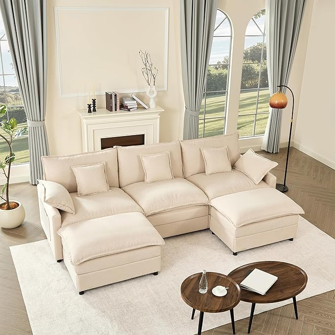 108" U Shaped Couch, Modular Sectional Sofa, 3-Seater Comfy Cloud Couch with Movable Ottoman, Deep Seat Couches for Living Room, Linen, Beige-HomvellaHome
