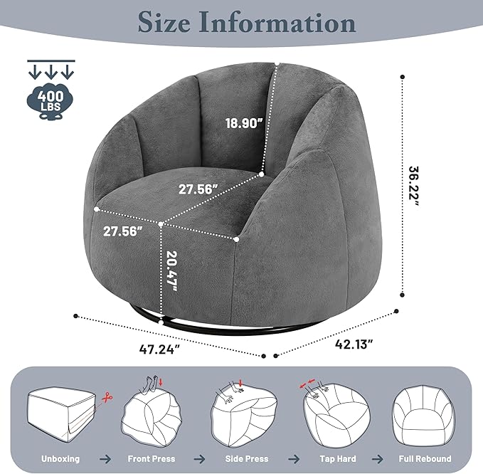 Giant Bean Bag Swivel Chair for Adults - Comfy Plush Round Shell Soft Accent Beanbag Chair, Oversized Cozy Floor Sofa Reading Chair for Living Room, Bedroom & Game Rooms, Gray-HomvellaHome
