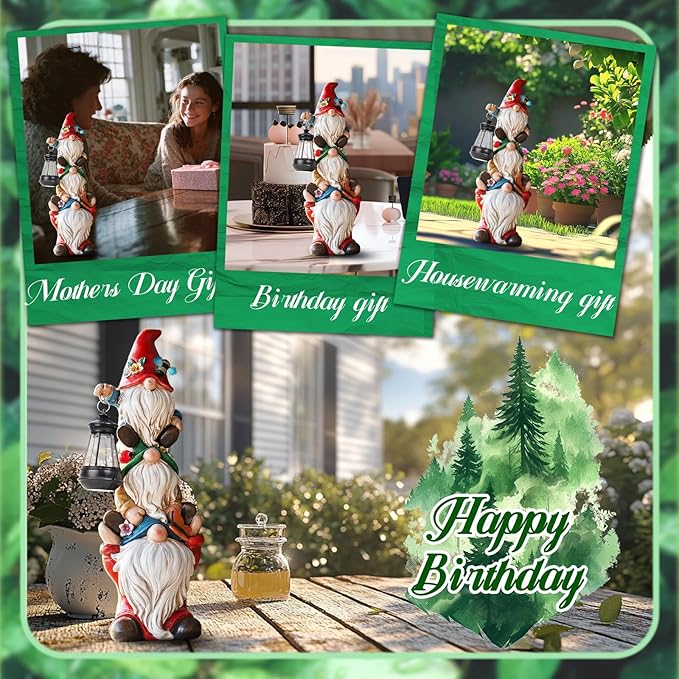 Garden Gnome Statue with Solar Lights Garden Sculptures Funny Triple Gnome Outdoor Patio Lawn Yard Balcony Garden Home Decor Birthday Gifts for Women Mom Grandma 12 in Fall Gnome-HomvellaHome