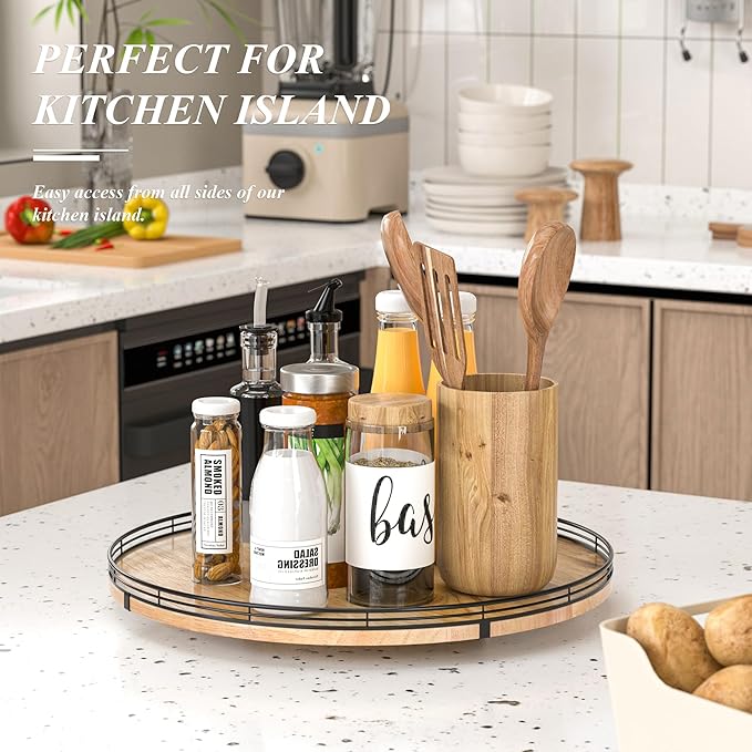 18" Lazy Susan Oak Wood Turntable Organizer for Cabinet, Farmhouse Round Wooden Large Lazy Susan Organization and Storage for Dining Table, Pantry, Kitchen, Countertop, Cupboard, Home Decor-HomvellaHome