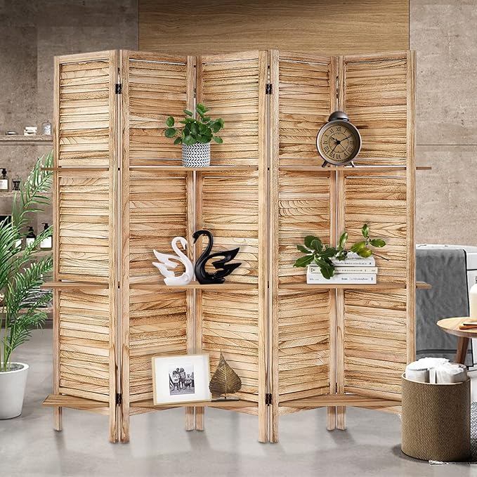 Room Divider with Shelves, Privacy Screen, Room Dividers and Folding Privacy Screens, 5 Panel Wood Temporary Wall Partition Separation Separator, Natural-HomvellaHome