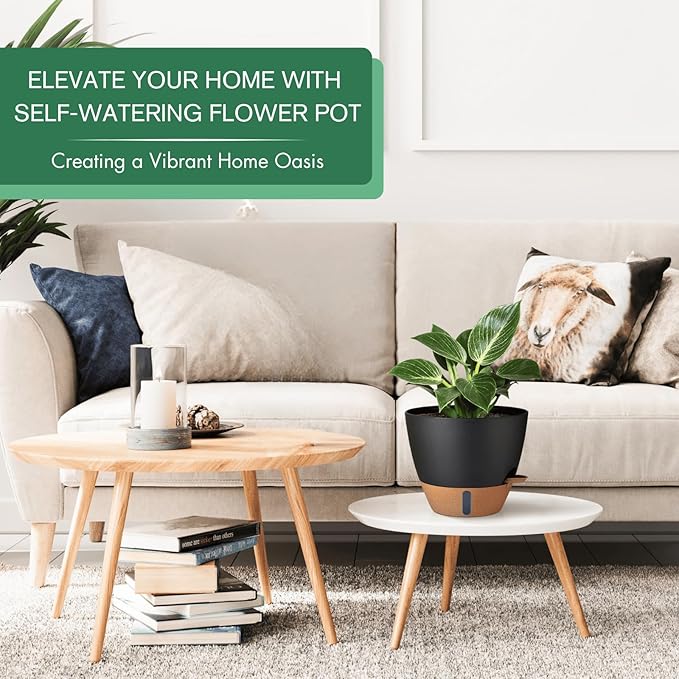 2 Pack 10 inch Plant Pots, PP Plastic Self Watering Plant Pot with Drainage and Tray for Indoor Outdoor Plants , Water Level Window & Reservoir Flower Pots Decorative Planter (Black, 10 Inch)-HomvellaHome