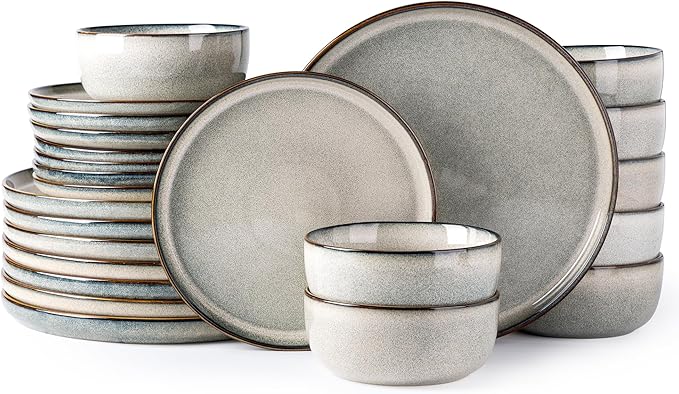 GBHOME Ceramic Dinnerware Sets for 8, 24 Pieces Stoneware Plates and Bowls Sets, Scratch Resistant Dishes, Dishwasher & Microwave Safe, Reactive Glaze-Green Wheat-HomvellaHome