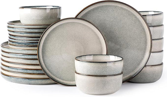 GBHOME Ceramic Dinnerware Sets for 8, 24 Pieces Stoneware Plates and Bowls Sets, Scratch Resistant Dishes, Dishwasher & Microwave Safe, Reactive Glaze-Green Wheat-HomvellaHome
