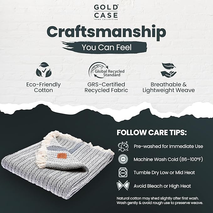 Gold Case Throw Blanket for Couch – 100% Recycled Turkish Cotton Blankets & Throws – Elegant Decorative Throw Blankets for Living Room Sofa – Woven Throws for Couch – Vintage Navy Blue – 50x60-HomvellaHome