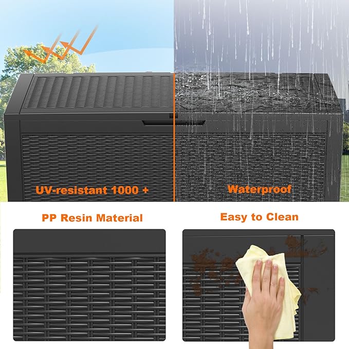 100 Gallon Resin Deck Box, Lockable Patio Outdoor Storage Box for Furniture, Garden Tools and Tools Storage, Waterproof Outside Storage Boxes - Black-HomvellaHome