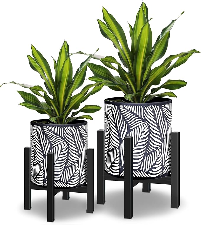 10 & 12 Inches Plant Pot with Stand Set of 2, Decorative Palm Leaves Printing Planter with Holder, Garden Pot for Snake Plant, Monstera, Houseplants - Indoor Outdoor Flower Pots with Drainage Holes-HomvellaHome