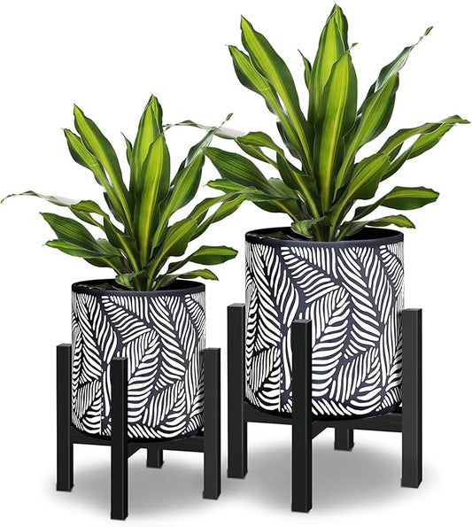 10 & 12 Inches Plant Pot with Stand Set of 2, Decorative Palm Leaves Printing Planter with Holder, Garden Pot for Snake Plant, Monstera, Houseplants - Indoor Outdoor Flower Pots with Drainage Holes-HomvellaHome