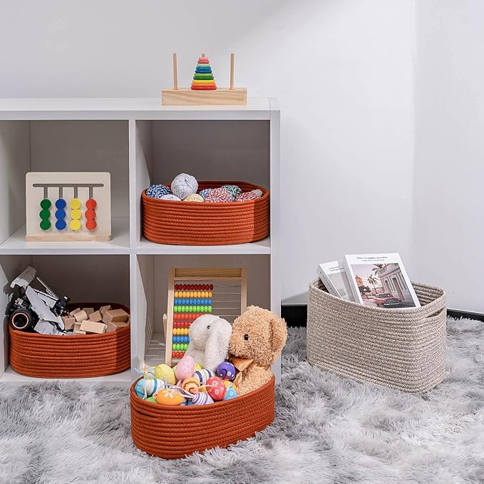 Shelf Storage Baskets for Organizing|Decorative Basket for Closet Storage|Toy Baskets&Bins|Small Woven Rope Baskets-13x8.66x5.11’’,Durable&Stylish,Oval 3 Packs Brick Red-HomvellaHome
