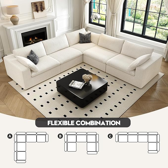 118" Cloud Couch Oversized Modular Sectional Sofa for Living Room,Modern Sofa with Deep Seat，V Shaped Boneless Couch,Comfy Upholstered Corduroy Couches for Apartment, Studio, Office,Bedroom，White-HomvellaHome