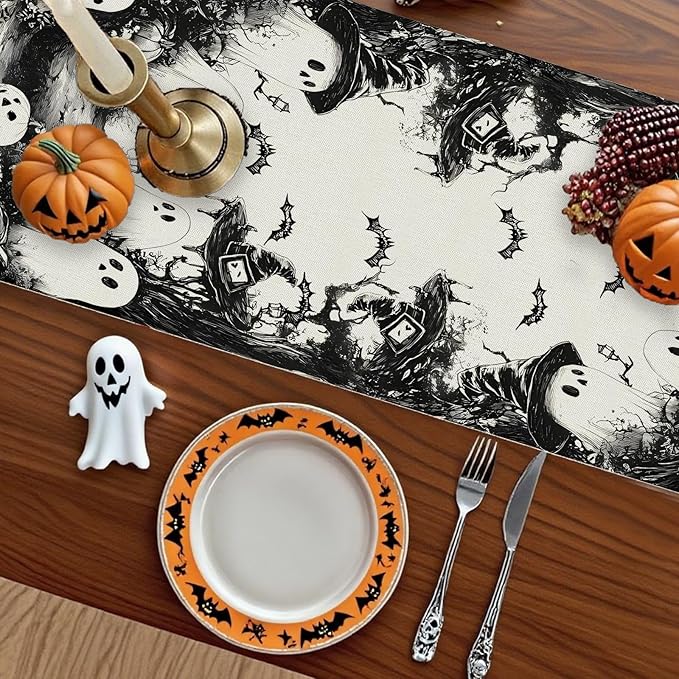 GPGHE Halloween Table Runner Black Ghost Holiday Burlap Table Decoration Indoor Outdoor Home Decor Party Supply 13 x 36 Inch-HomvellaHome