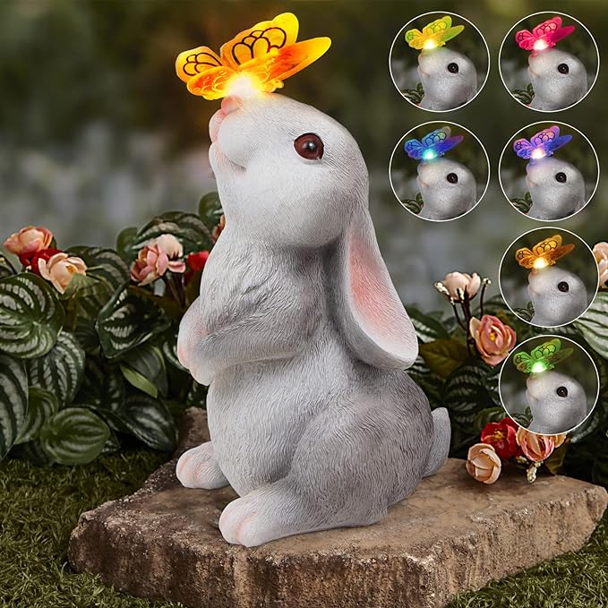 Garden Statue Outdoor Decor-Rabbit with Solar Butterfly Changing Lights Garden Statues,Bunny Statue for Patio,Balcony,Yard,Lawn Ornament,Gardening Gifts for Mom Grandma-HomvellaHome