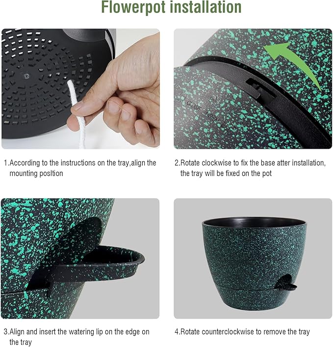 12/10/9 inch Large Self Watering Pots, Planter, Plant Pots with Mesh Drainage Holes for Indoor Outdoor Garden Plants, Plastic Flower Pots with Deep Reservoir, Black with Green Speckles-HomvellaHome