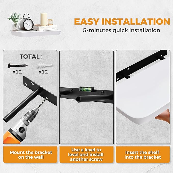 16"x6.8"x1.6" Slanted Floating Wall Shelves 2-Pack - Rustic White Finish, Heavy-Duty Solid Wood Design with Hidden Brackets - Perfect for Living Room, Kitchen, Bathroom, or Office-HomvellaHome