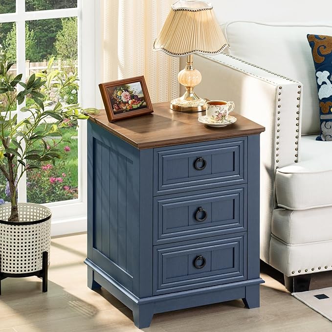 18" Farmhouse Night Stand with 3 Drawers, Wood End Table Dresser for Bedroom, Navy Blue Nightstand, Bed Side Table with Metal Handle, Bedside Cabinet for Bedroom Living Room, Closet-HomvellaHome