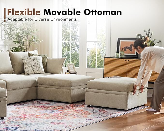 134.6" Oversized Modular Sectional Sofa, 6 Seater U Shaped Couch with Storage Ottoman with Reversible Chaise Deep Seat for Living Room, Apartment - Chenille Beige-HomvellaHome