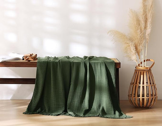 100% Cotton Muslin Throw Blanket for Bed, Couch, Small, Decorative, Soft, Pre-Washed, Breathable and Lightweight Gauze Blanket with Tassels, Suitable for All Seasons, Olive Green, 50"x60"-HomvellaHome
