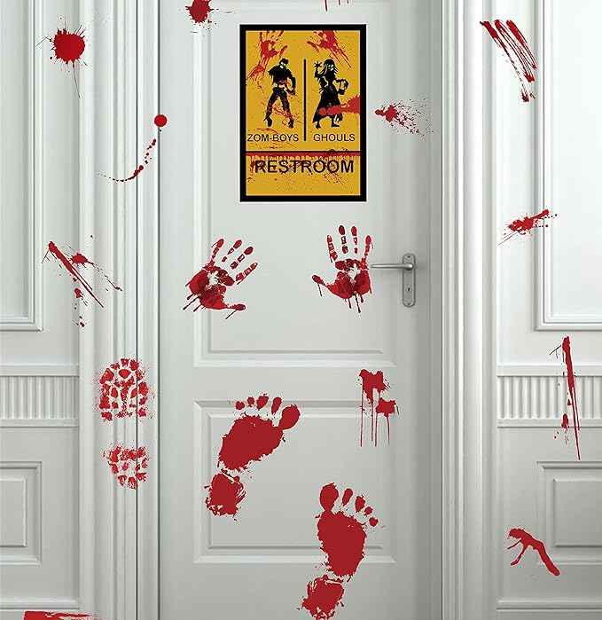 173PCS Halloween Bloody Footprints Floor Clings Plus Tattoos - Hallowmas Handprint Zombie Restroom Sign Decals Party Decorations-HomvellaHome