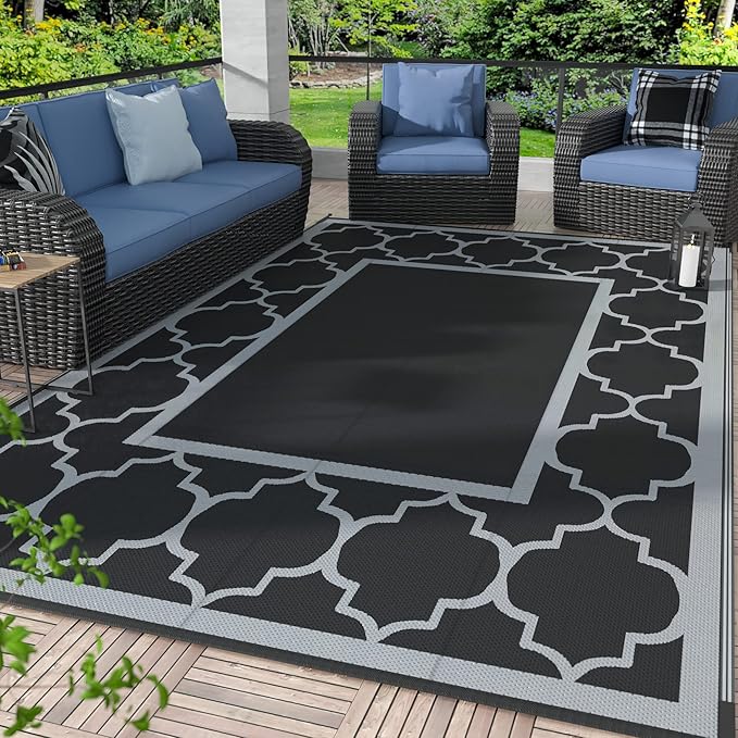 GENIMO Outdoor Rug 9' x 12' Waterproof for Patio Decor, Reversible Plastic Straw Area Rugs Mat for Camper, Outside Carpet for Camping, Rv, Deck, Porch, Picnic, Beach, Balcony, Black & Grey-HomvellaHome