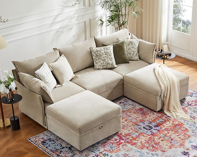 102.6" U Shaped Modular Sectional Sofa, 5 Seater Couch with Storage Ottoman Deep Seat and High Backrest with Removable Cover for Living Room, Apartment - Chenille Beige-HomvellaHome