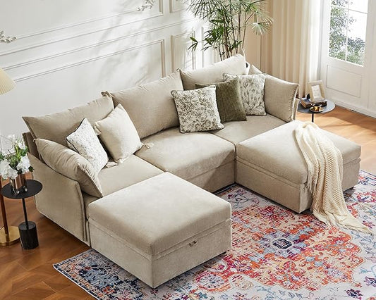 102.6" U Shaped Modular Sectional Sofa, 5 Seater Couch with Storage Ottoman Deep Seat and High Backrest with Removable Cover for Living Room, Apartment - Chenille Beige-HomvellaHome