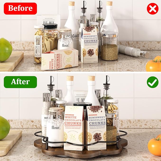 12" Lazy Susan Turntable Organizer,Round Wooden Lazy Susan Organization and Rotating Spice Rack for Dining Table,Pantry,Kitchen Countertop,Vanity,Cupboard and More.Vintage Wood(Petal Shape)-HomvellaHome