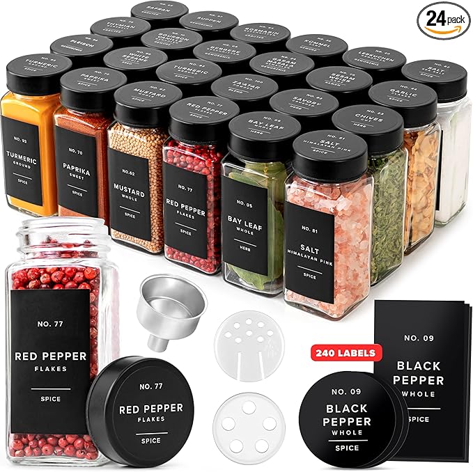Glass Spice Jars with Label and Stainless Steel Lids (24 x 4oz) Spice Containers with 240 Labels, Shaker Inserts, Steel Funnel, Empty Square Empty Square Seasoning Organizer (Black)-HomvellaHome