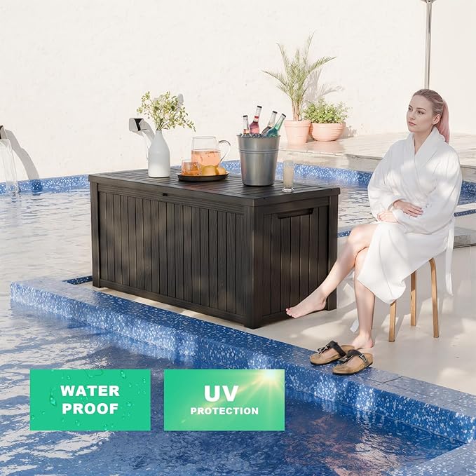 180 Gallon Outdoor Deck Box,Storage Lockable Waterproof Patio Furniture,Garden Tools,Cushions,Pool Accessories Outside Storage Resin Box(Black)-HomvellaHome