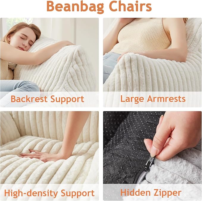 Giant Bean Bag Chairs for Adults with Filling Plush Fluffy Bean Bag Chairs for Teens with Armrests Comfy BeanBag Lazy Couch Sofa Chair for Bedroom Living Room Reading-HomvellaHome