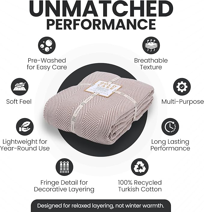 Gold Case Throw Blanket for Bed – 100% Recycled Turkish Cotton Bed Blanket – Decorative Throw Cotton Blankets for Living Room & Bedroom – Woven Twin Blankets - 71x90 - Elegant Beige-HomvellaHome