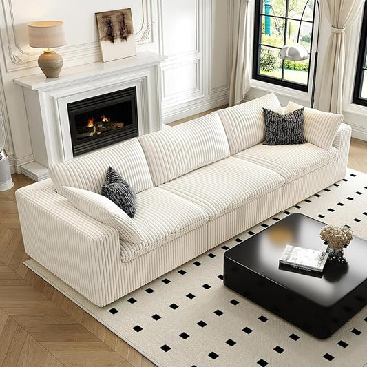 118" Cloud Couch Modular Sectional Sofa for Living Room,Modern Sofa with Deep Seat，3 Seater Boneless Couch,Comfy Upholstered Corduroy Couches for Apartment, Studio, Office,Bedroom，White-HomvellaHome