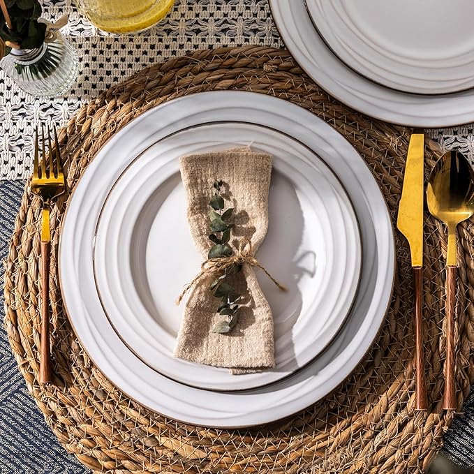 GBHOME Ceramic Dinnerware Sets, 24 pcs Embossed Elegant Stoneware Plates and Bowls Sets, Housewarming Wedding Gift | Dishwasher & Microwave Safe | Dishes Set Service for 8-HomvellaHome