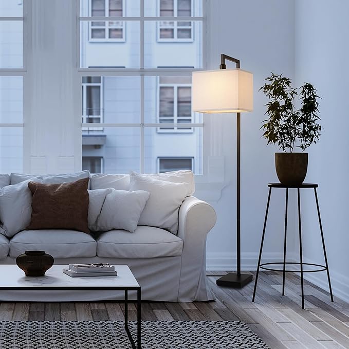 Globe Electric 61000052 60" Floor Lamp, Matte Black, Square White Fabric Shade, On/Off Rotary Switch on Socket, Square Rod, Reading Lamp, Home Office Accessories, Home Décor, Home Improvement-HomvellaHome