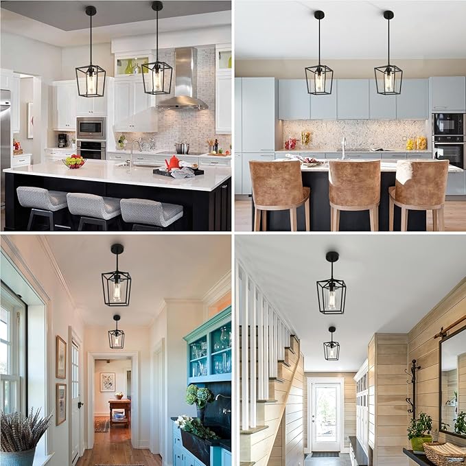 2 Pack 1-Light Black Pendant Lights for Kitchen Island, Farmhouse Metal Pendant Light Iron Cage Hanging Light Fixtures with Clear Glass Shade for Dining Room, Entryway, Hallway, Foyer-HomvellaHome