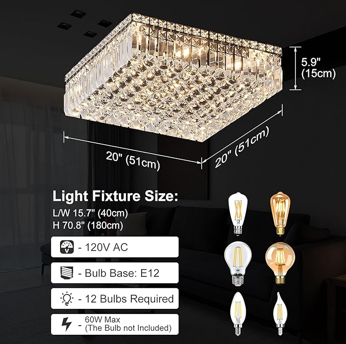 12-Lights Black Crystal Flush Mount Ceiling Light Fixtures,Elegant Crystal Chandelier Pendant Ceiling Lamp for Bedroom,Living Room,Dining Room,Hallway H5.9 x W20 x L20 (Bulb Not Included)Square-HomvellaHome
