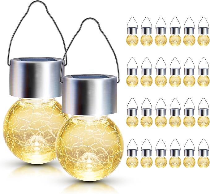 GIGALUMI 24 Pack Solar Outdoor Lights, Solar Hanging Lights for Christmas Decoration-Cracked Glass Solar Lights Outdoor Waterproof for Garden, Yard, Fence, Tree（Warm White）-HomvellaHome