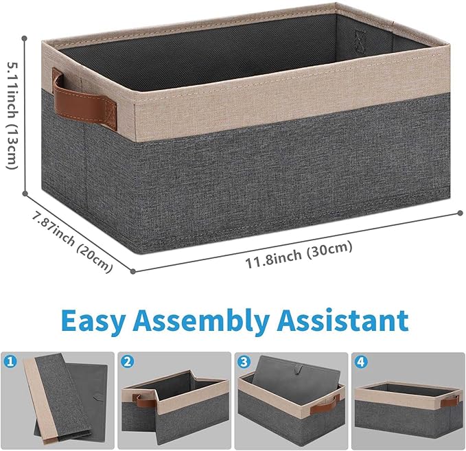 GhvyenntteS Small Fabric Storage Bins 6 Pack, 11.8" x 7.87" x 5.11" Storage Basket with Leather Handles, Closet Storage Bins for Shelves, Storage Baskets for Shelves, DVD Storage (Grey/Beige Yellow)-HomvellaHome