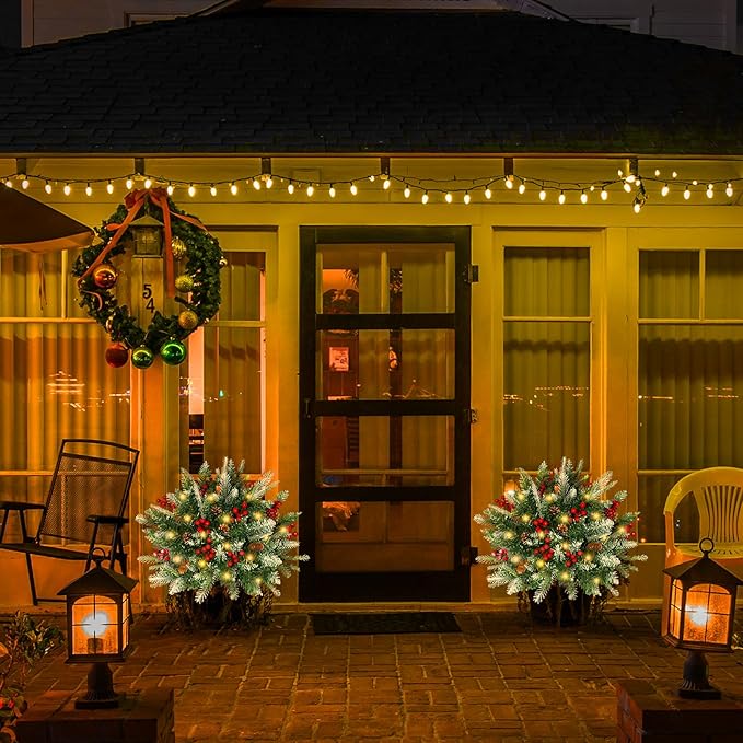 2 Pack Lighted Artificial Christmas Urn Filler, Battery Operated Pre-lit Xmas Pine Trees, Tripod Stake and 60 LED Lights, Holiday Porch Decorations for Porch, Yard, Garden, Flower Beds（Warm White）-HomvellaHome