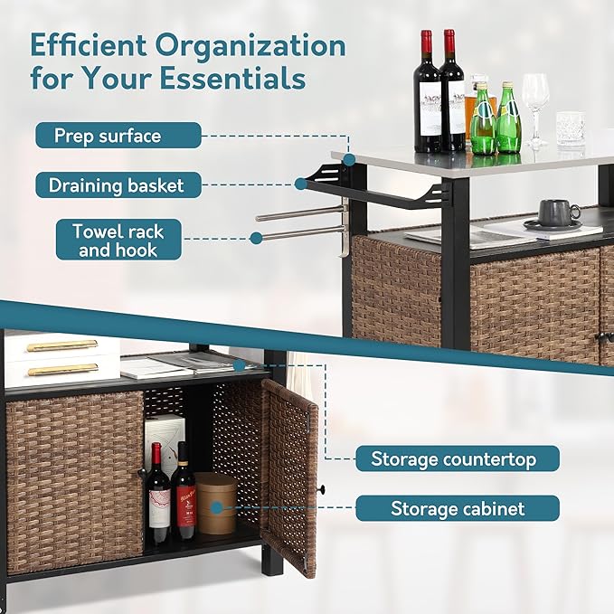 Grill Cart Outdoor with Wheels, Outdoor Prep Table with Wicker Storage and Rolling Wheels, Kitchen Island Serving Cart with Stainless Steel Table Top for BBQ, Porch, Patio, Brown-HomvellaHome