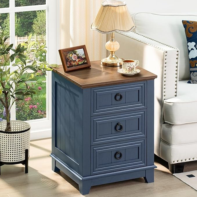18" Farmhouse Night Stands Set of 2 with Charging Station, 2 & 3 Drawers End Table Dresser for Bedroom, Blue Wooden Nightstand, Bed Side Table with Open Shelf, Bedside Cabinet for Living Room-HomvellaHome