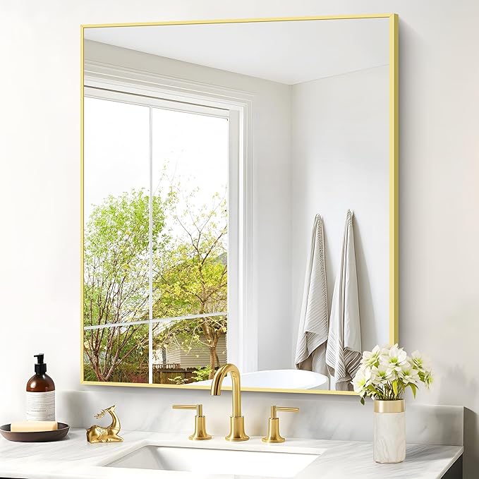 Gold Bathroom Mirror for Wall, 30x36 Inch Rectangle with Metal Frame, Modern Vanity for Bathroom Living Room, Entryway Hangs Horizontal or Vertical-HomvellaHome