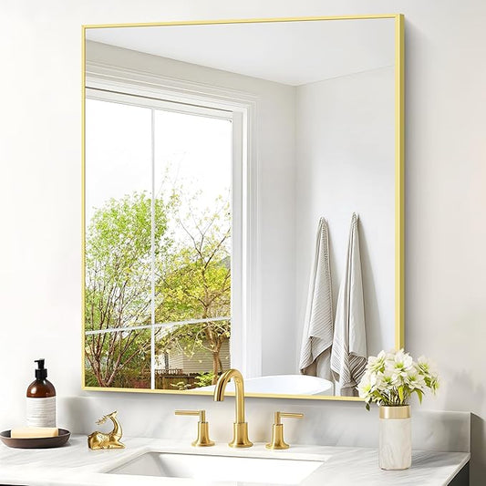 Gold Bathroom Mirror for Wall, 30x36 Inch Rectangle with Metal Frame, Modern Vanity for Bathroom Living Room, Entryway Hangs Horizontal or Vertical-HomvellaHome