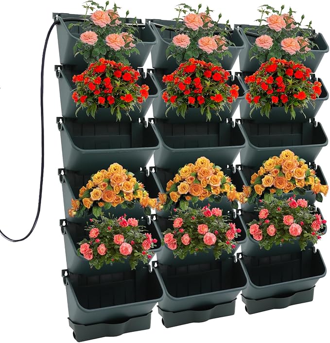 18 Pots Self-Watering Wall-Mounted Planter, 39.4”L x 39.4”H Vertical Wall Planter Self Watering Stackable Planters Vertical Garden Wall Garden Planter Outdoor Indoor for Herbs Flowers Strawberries-HomvellaHome