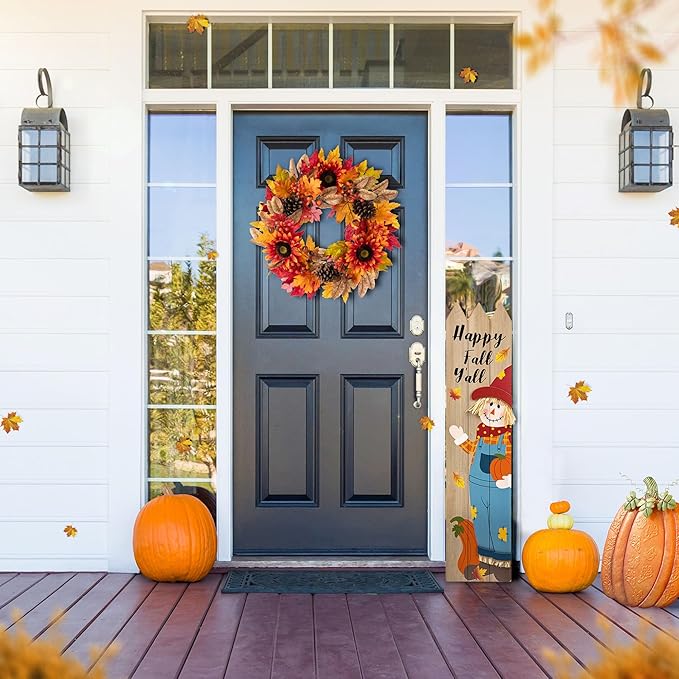 Glitzhome 24''D Fall Wreath with Hanger, Artificial Autumn Wreath for Front Door with Sunflower, Pinecone and Berry, Harvest Wreaths Decor for Indoor Outdoor Holiday Decoration-HomvellaHome