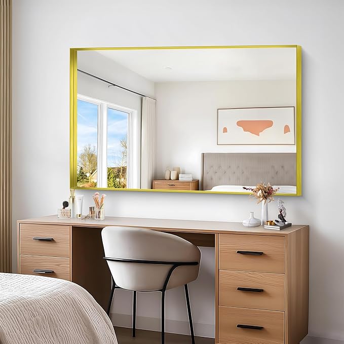 Gold Bathroom Mirror, 36x55 Inch Rectangular Deep Frame Mirror, Large Wall Mounted Bathroom Vanity Mirror Over Sink for Bedroom,Restroom, Living Room, Hangs Vertically or Horizontally-HomvellaHome