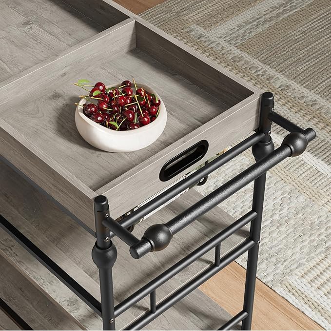 GarveeHome Bar Cart, Bar Carts for The Home, 3 Tier Serving Cart with Wheels, Home Bar & Serving Carts, Metal Rolling Cart with Wine Rack & Removable Tray for Kitchen, Dining Room, Living Room-Grey-HomvellaHome