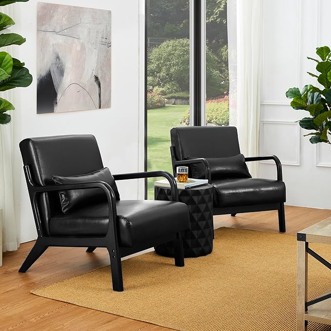 Glitzhome Accent Armchair with Walnut Ruberwood Frame, Black PU Leather Lounge Chair for Living Room-HomvellaHome