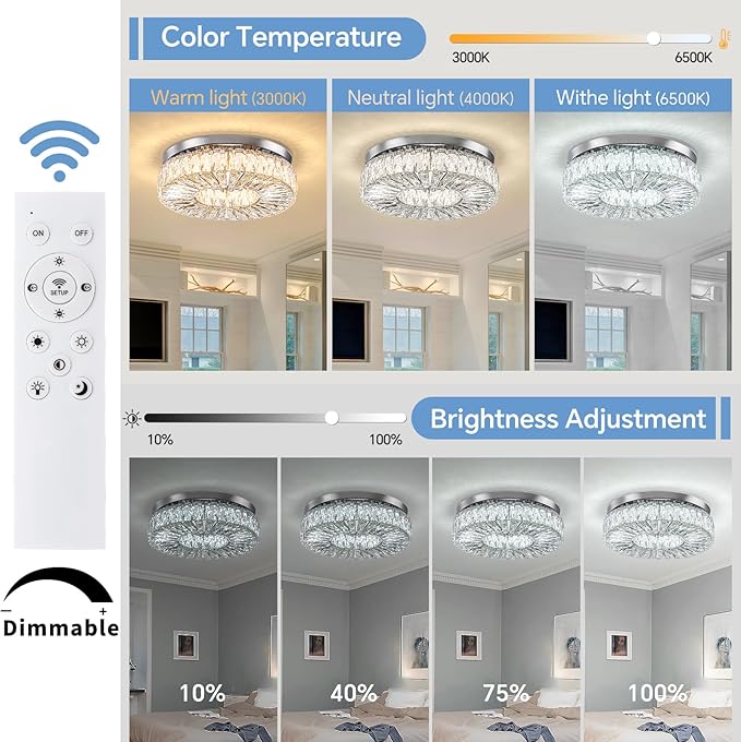 16.5 Inch Dimmable Chandelier with Remote Control LED Crystal Chandelier Modern Flush Mount Ceiling Light Fixtures for Living Room Bedroom Dining Room Entrance (dimmable-16.5")-HomvellaHome