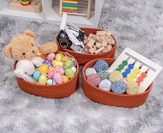 Shelf Storage Baskets for Organizing|Decorative Basket for Closet Storage|Toy Baskets&Bins|Small Woven Rope Baskets-13x8.66x5.11’’,Durable&Stylish,Oval 3 Packs Brick Red-HomvellaHome