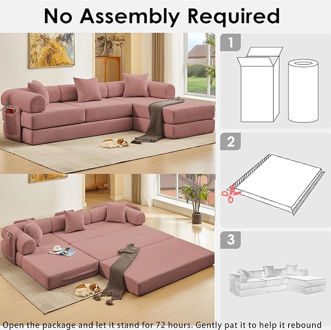 107" Oversized Convertible Sleeper Sofa Bed, Corduroy L Shape Sectional Couch, Folding Sofa Bed with Side Pocket, Modern Cloud Floor Mattress Couch, Modular Sofa for Living Room, Pink-HomvellaHome